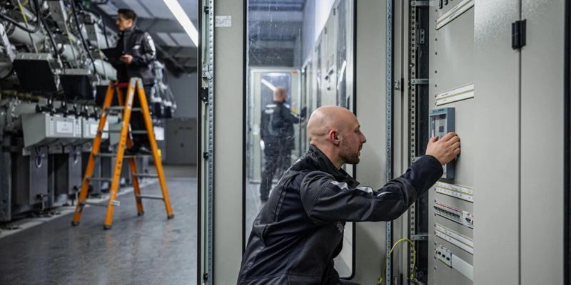 Ein Elektriker kniet vor einem Schaltkasten, im Hintergrund sind noch zwei weitere Personen, die Prüfaufgaben durchführen.
